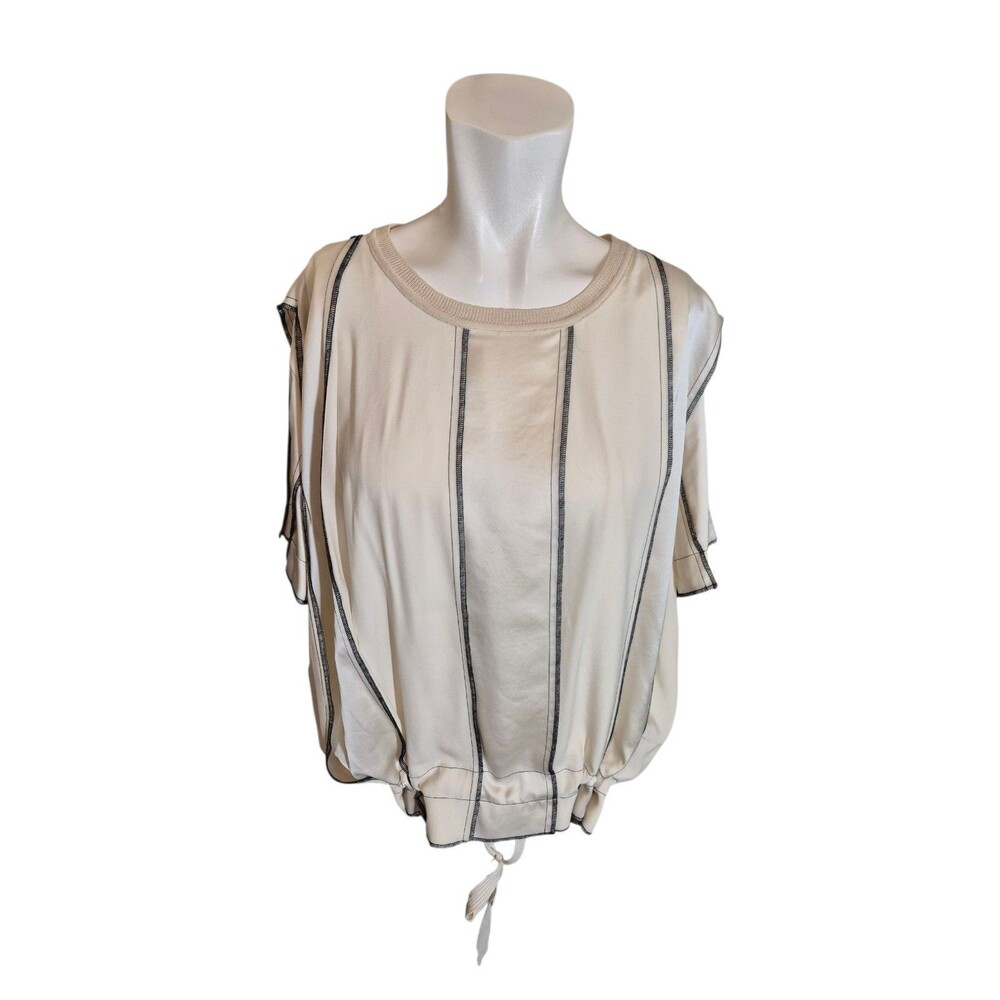 DKNY VTG Satin Wool Trim Blouse Dolman Sleeve Top Ivory Black Sz L